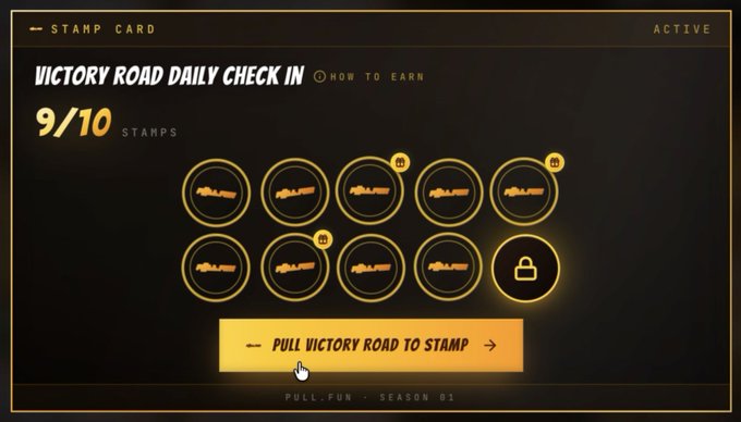 A 'Victory Road Daily Check In' stamp card interface showing 9/10 stamps collected with a button labeled 'PULL VICTORY ROAD TO STAMP' for Season 01.