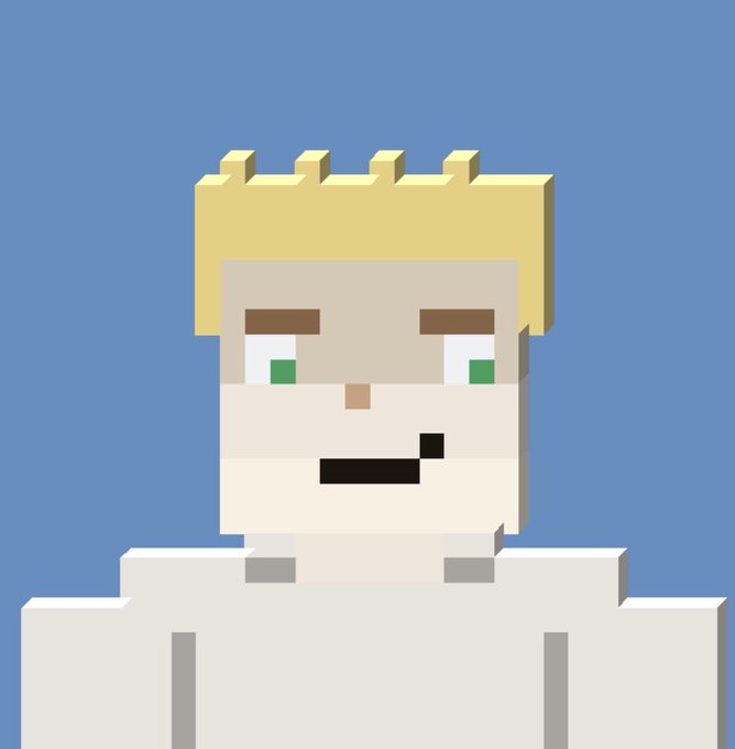 A pixelated portrait of a blonde-haired character with green eyes and a black mustache, rendered in simple blocky style against a blue background, humorously mocking low-effort NFT artwork by presenting it as the kind of basic digital image people sarcastically reference when joking about NFT "art" being underwhelming.