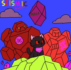 A vibrant digital illustration labeled 'SEISMIC STUDIOS' featuring a small black cat with glowing red eyes perched atop green rocks, surrounded by large red stone golem figures and floating purple crystals against a blue sky.