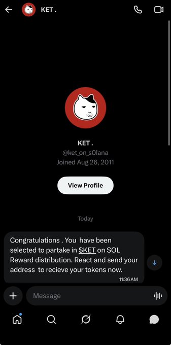 A Telegram chat screenshot with the account "KET" (@ket_on_solana), displaying a message about being selected for a $KET on SOL token reward distribution.