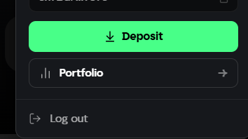 A mobile app interface displays a bright green '↓ Deposit' button above dark 'Portfolio' and 'Log out' menu options.