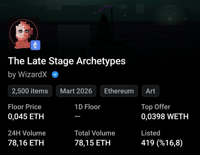 An NFT collection listing page for 'The Late Stage Archetypes' by WizardX, showing 2,500 items on Ethereum with a floor price of 0.045 ETH and 24H volume of 78.16 ETH.