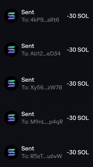 A dark-themed crypto transaction history showing five separate 'Sent' transactions of -30 SOL each to different truncated wallet addresses, accompanied by the Solana logo.