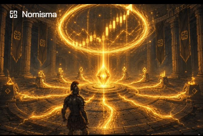 A Nomisma-branded fantasy image featuring an armored figure facing a glowing golden ring displaying financial candlestick charts in an ancient temple setting.