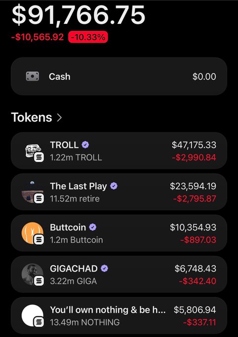 A crypto portfolio dashboard showing a total balance of $91,766.75 (-10.33%), with holdings in tokens like TROLL, retire, Buttcoin, GIGA, and NOTHING.