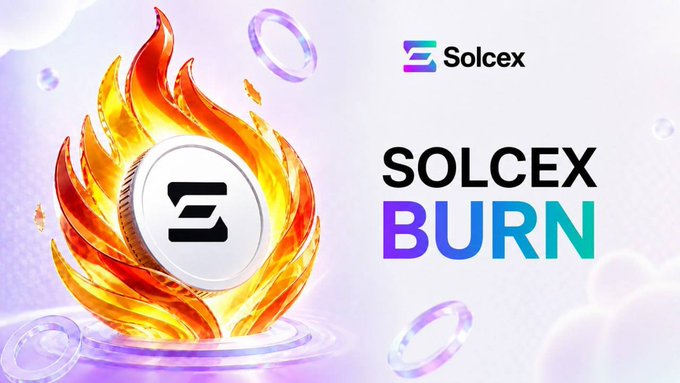 A promotional graphic for Solcex featuring a silver coin with the "Z" logo engulfed in vibrant orange flames, with the "Solcex" branding and bold "SOLCEX BURN" text in a purple-to-blue gradient, visually representing the upcoming token burn mechanism that will use launchpad fees to buy back and burn $SOLCEX tokens.