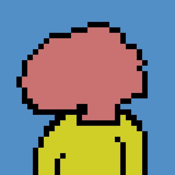 A simple pixel art illustration showing a faceless figure with a pink head and yellow shirt against a blue background.