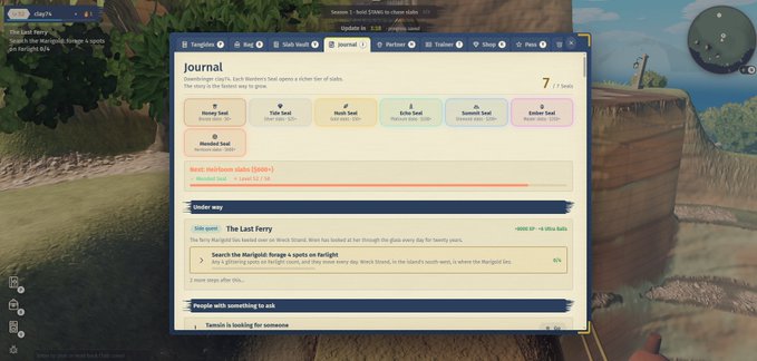 A video game interface displays a 'Journal' menu tracking 'Honey Seed' and 'Tick Seed' objectives, alongside a quest titled 'The Last Ferry' with a 46% progress bar.