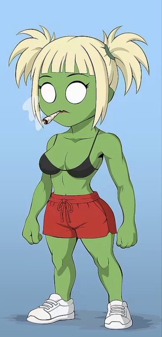 An animated illustration depicts a green-skinned female character with blonde pigtails, wearing a black bikini top, red shorts, and white sneakers, smoking a cigarette.