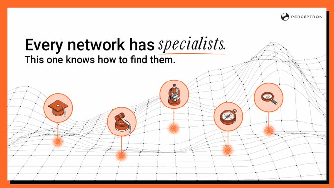 The image is an advertisement for Perceptron featuring the tagline "Every network has specialists. This one knows how to find them," with visual icons (graduation cap, gavel, microscope, magnifying glass) connected across a mesh network graphic to illustrate how the platform identifies expert contributors. The post extends this concept by positioning Perceptron's token-incentivized data questing platform as a superior alternative to traditional crowdsourcing, emphasizing its ability to self-select licensed specialists without hitting a ceiling on expertise.