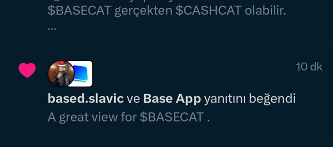 A social media interaction is shown where based.slavic and Base App have liked a reply reading "A great view for $BASECAT," posted 10 minutes ago, following the user's comment about $BASECAT potentially being the real $CASHCAT.