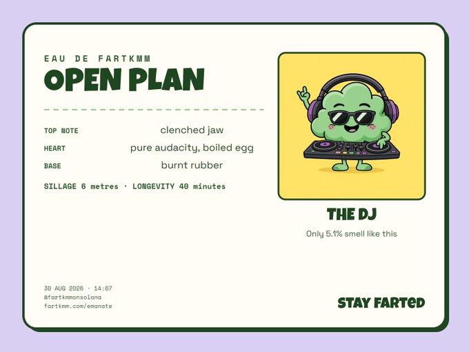A parody perfume card titled 'OPEN PLAN' by 'EAU DE FARTKMM', describing scent notes like 'clenched jaw' and 'boiled egg', with an illustration of 'THE DJ'.