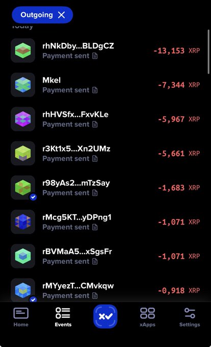 A mobile app screen showing an "Outgoing" transactions list with multiple "Payment sent" entries in amounts like "-13,153 XRP" and "-7,344 XRP".