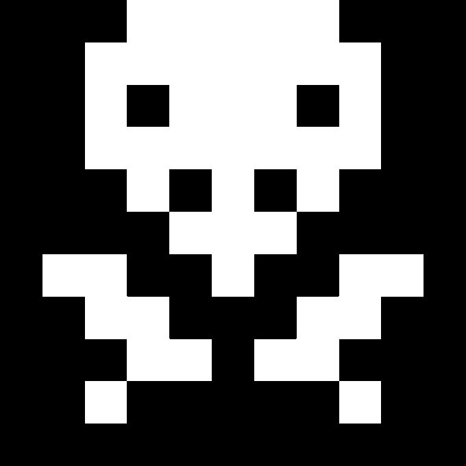 Black and white pixel art skull with crossbones icon on a transparent background.