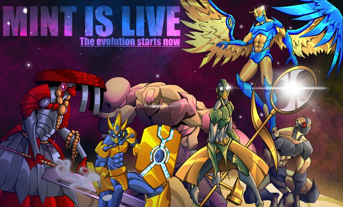 A group of superhero-style armored characters is displayed against a cosmic background, with bold text reading "MINT IS LIVE" and "The evolution starts now." The image, which appears to be promotional artwork for an NFT collection's mint launch, ties into the post celebrating a sold-out mint while teasing an upcoming character reveal.