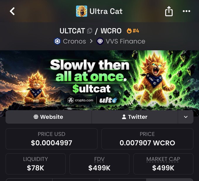 A crypto token information page for 'Ultra Cat' (ticker ULTCAT / WCRO) showing a price of $0.0004997 and a 'Slowly then all at once, $ultcat' banner.