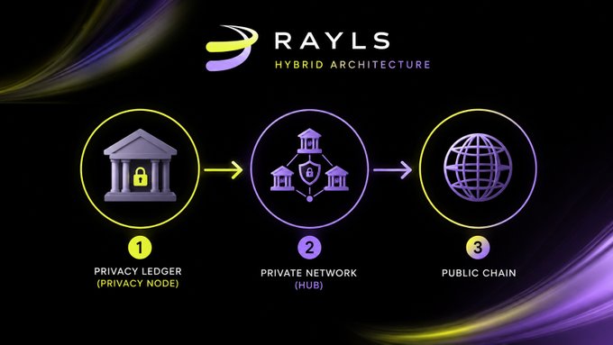 The image displays the Rayls Hybrid Architecture diagram, illustrating a three-step flow: a "Privacy Ledger (Privacy Node)" represented by a bank icon with a padlock (step 1), a "Private Network (Hub)" depicted by interconnected bank buildings with a shield (step 2), and a "Public Chain" shown as a globe (step 3). This visual reinforces the post's description of Rayls' three core architectural layers that connect isolated private nodes, permissioned interbank networks, and a public blockchain into a unified ecosystem.