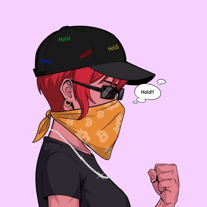 An anime-style character with red hair wears a black cap labeled "Hold" in multiple colors, a Bitcoin-patterned orange bandana, sunglasses, and a "Hold!!" speech bubble, clenching their fist in a crypto HODL stance—perfectly matching the "gm nfts" post's bullish crypto and NFT enthusiast vibe.