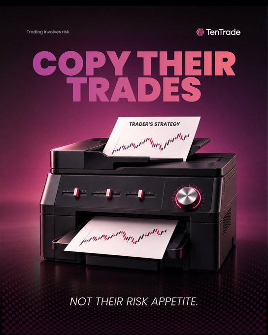 A TenTrade advertisement with bold pink text reading "COPY THEIR TRADES" shows a printer outputting a "TRADER'S STRATEGY" chart, with the tagline "NOT THEIR RISK APPETITE." and a disclaimer that "Trading involves risk."