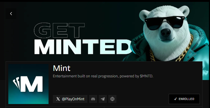 A promotional banner for 'Mint' reads 'GET MINTED' and features a white bear wearing sunglasses and a teal jacket, with the text 'Entertainment built on real progression, powered by $MNTD' and a 'PlayOnMint' social link.