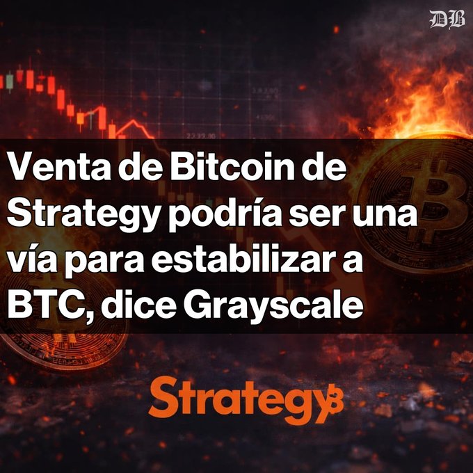 A Spanish-language financial news graphic featuring "Strategy" branding and flames, with the headline "Venta de Bitcoin de Strategy podría ser una vía para estabilizar a BTC, dice Grayscale" (Strategy's Bitcoin sale could be a way to stabilize BTC, says Grayscale), illustrating the article about Grayscale suggesting that Strategy's planned BTC liquidation, including a sale of 3,588 BTC for $216 million, could help stabilize the Bitcoin market.