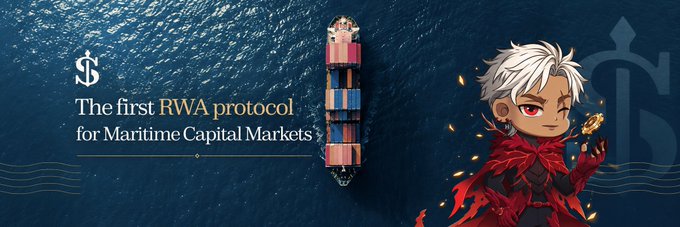 A promotional graphic with an aerial view of a cargo ship at sea and an anime-style character with white hair in red clothing, reading: "The first RWA protocol for Maritime Capital Markets" with a dollar sign symbol.