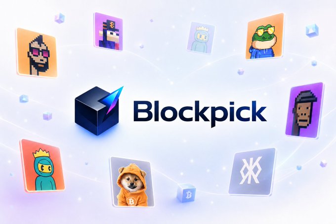 A promotional graphic for 'Blockpick' featuring a blue 3D logo surrounded by colorful NFT character icons on a light background.