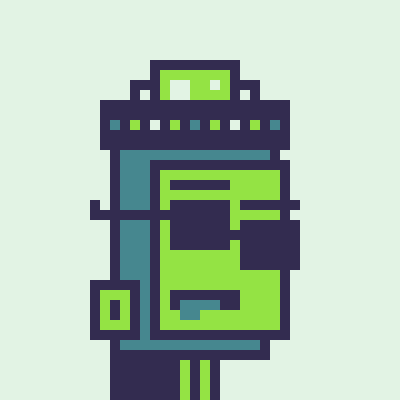 A pixel art illustration portrays a green and teal gas pump or fuel dispenser with a simple, blocky design on a pale background.
