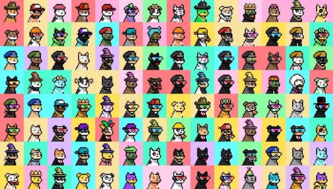 A colorful grid of pixel art NFT characters featuring various cats, frogs, and figures with hats and sunglasses on pastel backgrounds, resembling CryptoPunks or similar generative art collections.