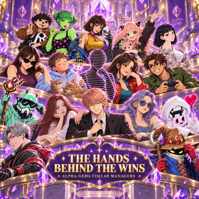 A colorful anime-style illustration titled 'THE HANDS BEHIND THE WINS - ALPHA GEMS COLLAB MANAGERS' shows various stylized character avatars gathered under purple banners reading 'ALPHA GEMS'.