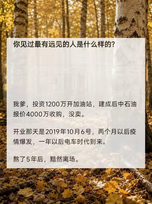 The image shows Chinese text overlaid on a forest background with autumn leaves, recounting a story about a father who invested 12 million yuan to build a gas station that opened on October 6, 2019—just before COVID hit and the EV era arrived, leading him to close at a loss after five years. The caption "Flipping it for 28 million and still not selling" complements this anecdote by highlighting the irony of a missed opportunity to sell for 40 million, which contrasts with the eventual financial loss depicted in the image.