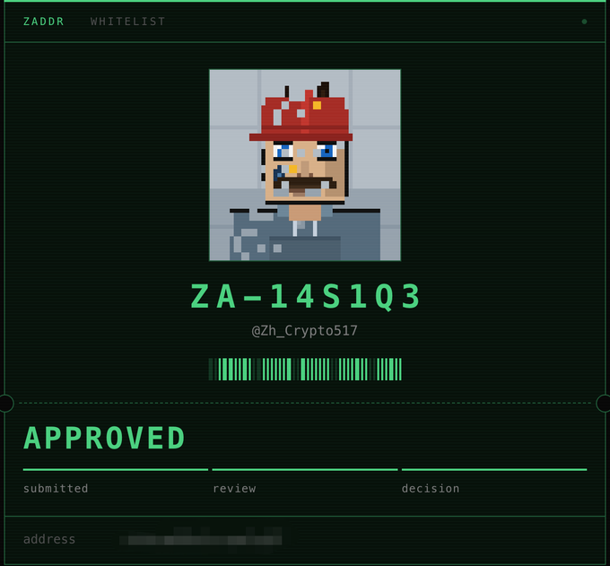 A digital whitelist approval screen displays a pixel art avatar wearing a red hat, with the ID "ZA-14S1Q3", the username "@Zh_Crypto517", and a green "APPROVED" status.