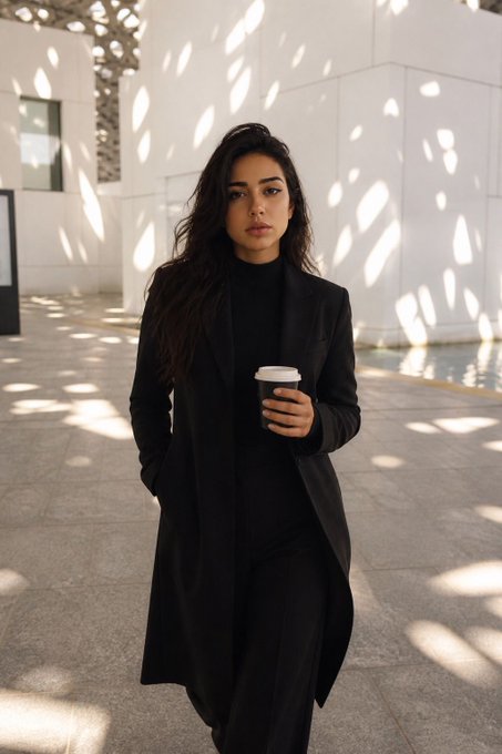 A woman in a black coat and turtleneck holds a coffee cup while walking through a sunlit courtyard with patterned shadows on the walls.