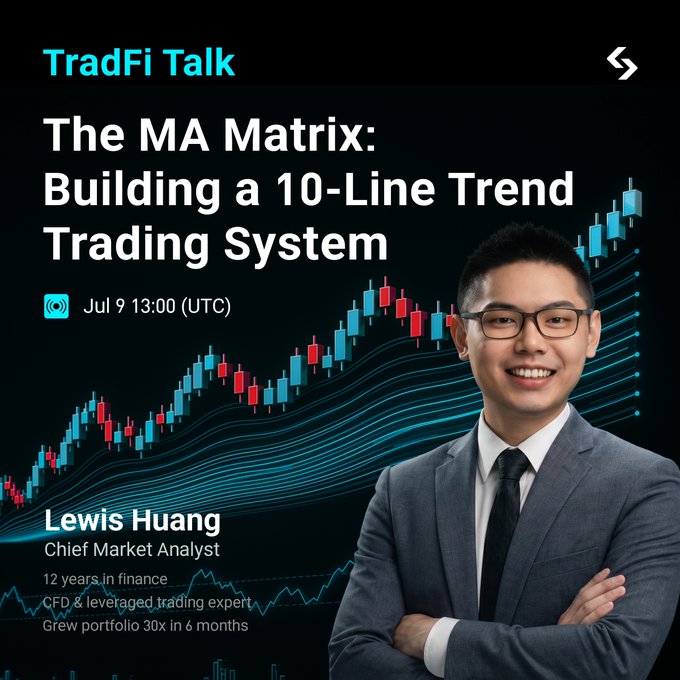 A promotional graphic for "TradFi Talk" featuring Chief Market Analyst Lewis Huang, advertising a session titled "The MA Matrix: Building a 10-Line Trend Trading System" on July 9 at 13:00 (UTC). The image shows Lewis Huang in a suit with credentials noting "12 years in finance, CFD & leveraged trading expert, Grew portfolio 30x in 6 months," set against a background of colorful candlestick charts with multiple moving average lines—visually previewing the 10-line MA Matrix trend strategy being discussed in the post.