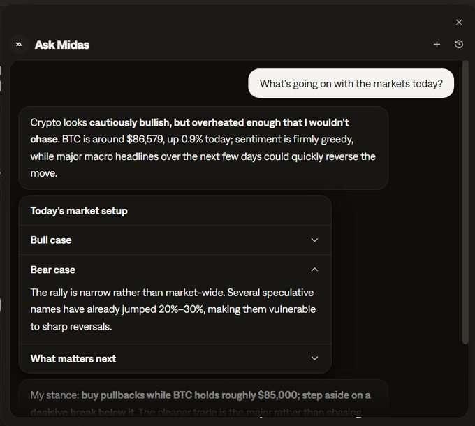 A chat interface titled 'Ask Midas' where a user asks about markets, and the AI responds with crypto analysis noting BTC around $86,579 with bearish case warnings about narrow rally and vulnerable speculative names.