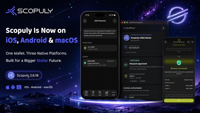 Promotional graphic for the Scopuly cryptocurrency wallet, announcing its availability on iOS, Android, and macOS with the tagline 'One Wallet. Three Native Platforms. Built for a Bigger Stellar Future.'