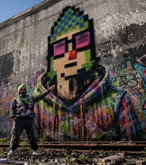 A person wearing a mask stands on train tracks pointing at a large pixel-art style graffiti mural of a face with sunglasses, signed 'SURAPIA STREET VIBES'.