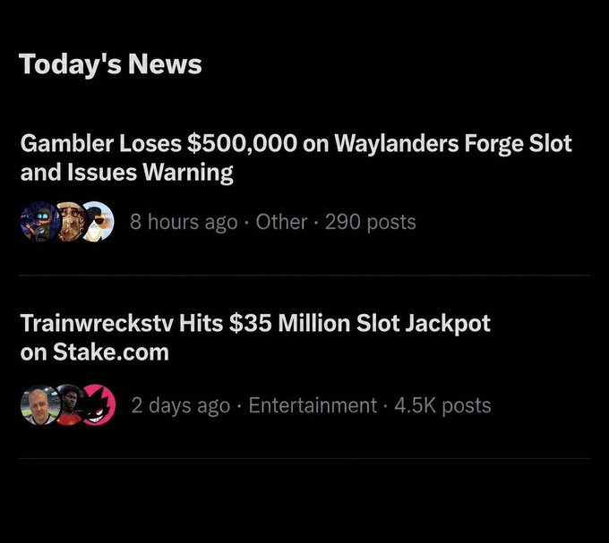 A "Today's News" feed displays two headlines: "Gambler Loses $500,000 on Waylanders Forge Slot and Issues Warning" (290 posts, 8 hours ago) and "Trainwreckstv Hits $35 Million Slot Jackpot on Stake.com" (4.5K posts, 2 days ago). The post's request for a Solana address appears to be a common solicitation tactic seen in gambling-related social media, exploiting the contrast between the massive jackpot win and heavy gambling loss stories.
