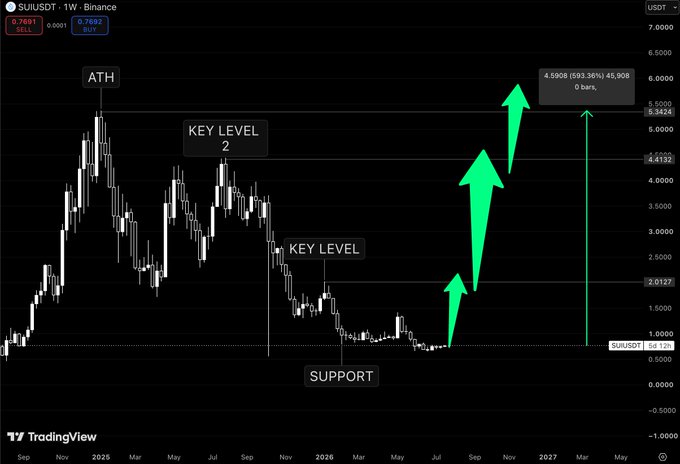 A TradingView weekly candlestick chart of SUI/USDT on Binance shows the asset's all-time high near $5.00, followed by a long downtrend with lower highs forming around key levels (~$4.41 and ~$2.91) down to a support base around $0.76, with green arrows projecting a bullish reversal targeting a 593.36% rally to $4.5908.