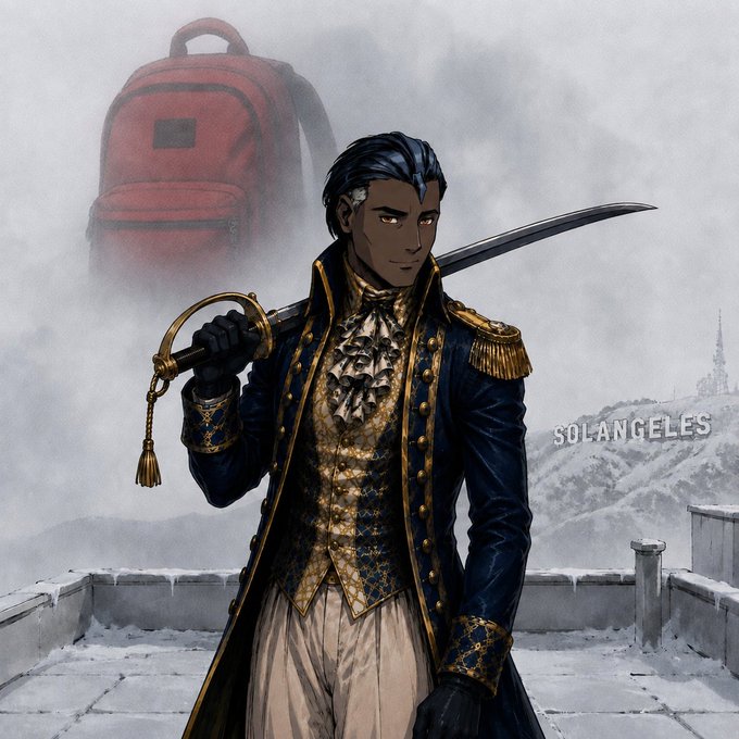 An illustrated character of a dark-skinned man in an ornate blue and gold military uniform holding a sword over his shoulder, with a red backpack in the background and 'SOLANGELES' written on a distant mountain.