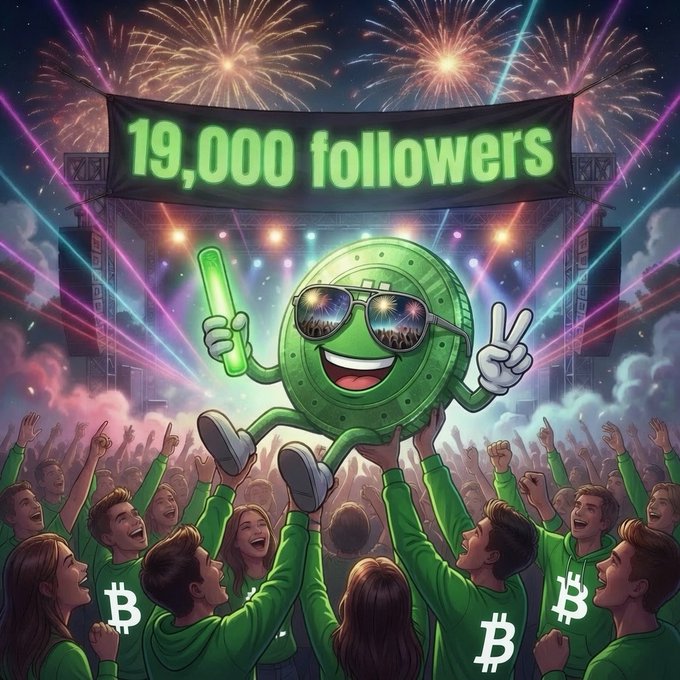 A vibrant concert-style illustration features a green coin mascot wearing sunglasses and holding a glow stick, with a banner above reading '19,000 followers' and a cheering crowd below wearing Bitcoin logo hoodies under fireworks.