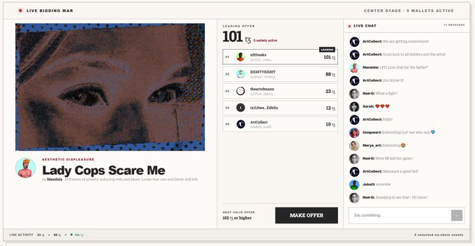 A screenshot of an NFT bidding war platform showing 'Lady Cops Scare Me' as the leading offer at $101, with a live chat on the right side.