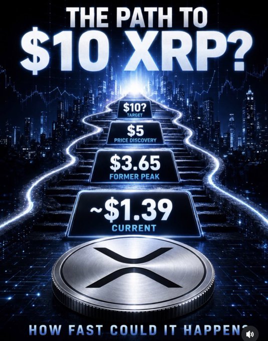 A promotional graphic titled 'THE PATH TO $10 XRP?' showing a stepped pyramid with price targets: $1.39 current, $3.65 former peak, $5 price discovery, and $10 target, subtitled 'HOW FAST COULD IT HAPPEN?'.