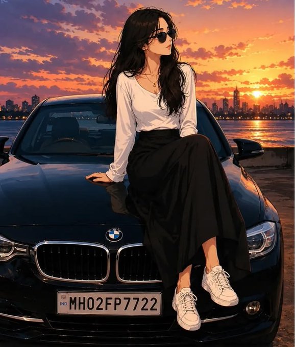 An anime-style illustration shows a woman with long dark hair and sunglasses sitting on the hood of a black BMW with license plate 'MH02FP7722' against a sunset cityscape.