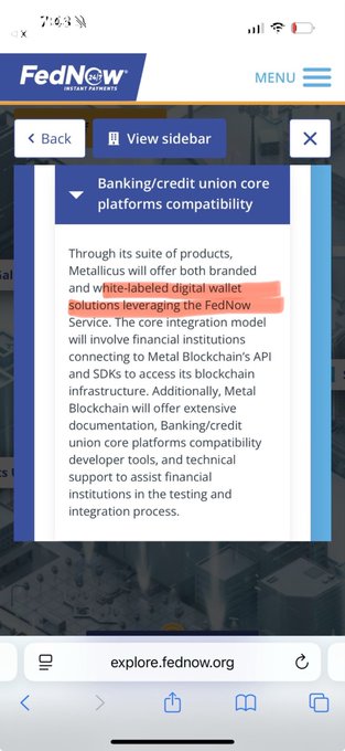 A mobile screenshot from FedNow showing a sidebar titled "Banking/credit union core platforms compatibility," with text highlighting "white-labeled digital wallet Solutions leveraging the FedNow Service."