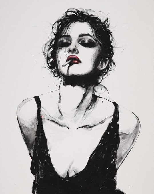 A black and white sketch/illustration of a woman with curly hair, red lips, and a cigarette, wearing a dark dress.