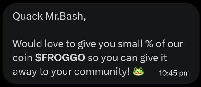 A screenshot of a text message addressed to 'Mr.Bash' offering a small percentage of the $FROGGO coin to give away to their community, with a frog emoji.