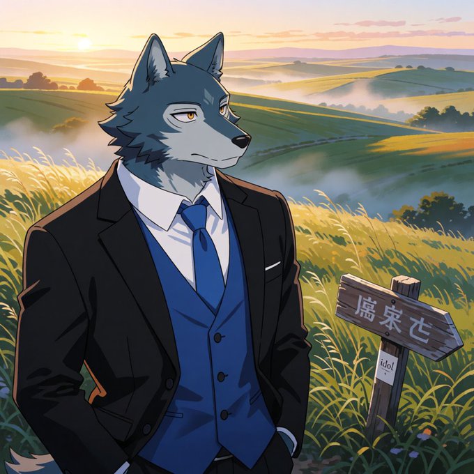 An anime-style anthropomorphic wolf character in a black suit and blue tie stands in a grassy landscape at sunset near a wooden sign with partially legible characters.