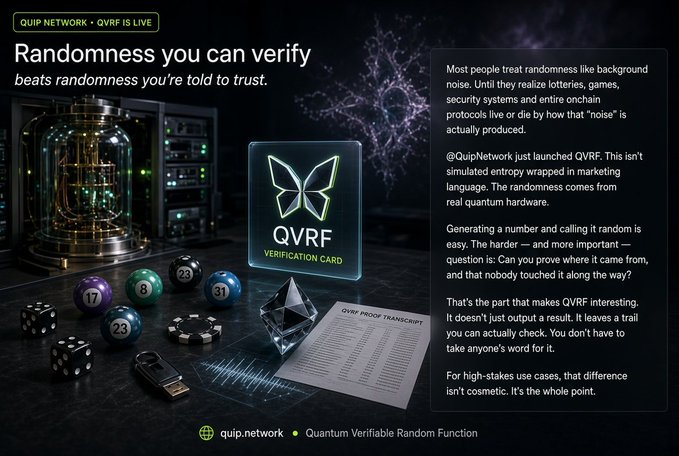 Promotional graphic for Quip Network's QVRF (Quantum Verifiable Random Function) titled 'Randomness you can verify beats randomness you're told to trust,' featuring a verification card, billiard balls, dice, and a QVRF proof transcript.