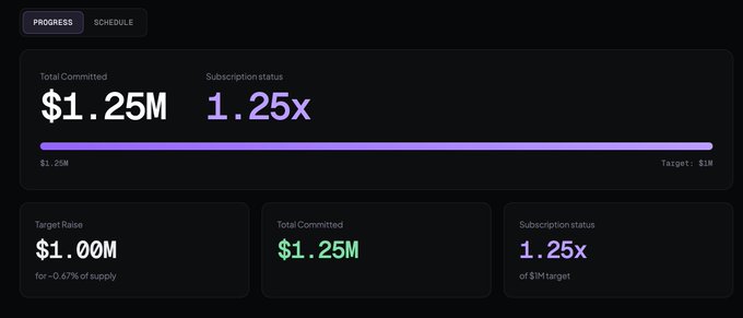 A dark-themed cryptocurrency launchpad dashboard showing a progress bar with 'Total Committed: $1.25M', 'Subscription status: 1.25x', and summary cards indicating a $1.00M target raise representing 0.67% of supply.